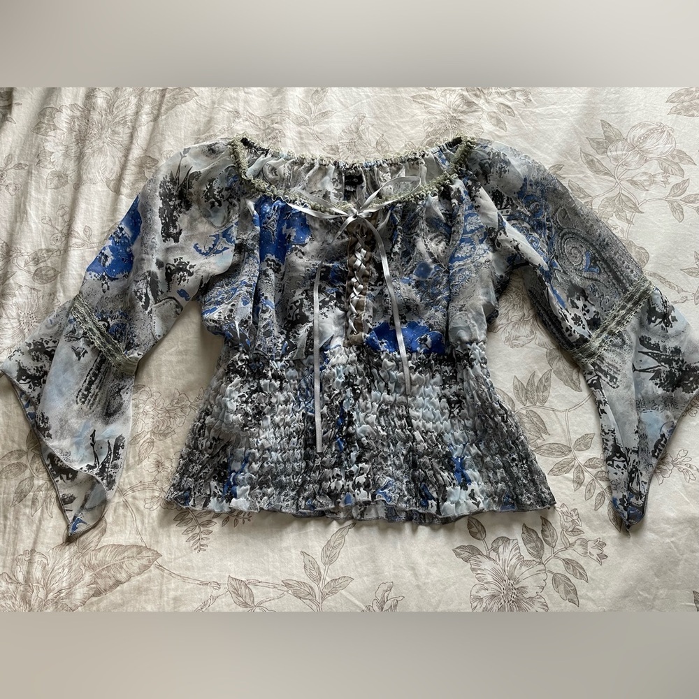 Vintage‎ Blue Sheer Lace Up Smocked Blouse Medium Fairycore Renaissance Angelic